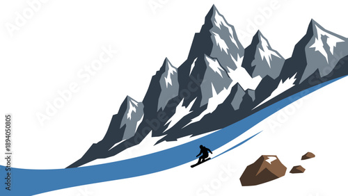 Mountain adventure: silhouette of skiing down snowy peaks with rocky landscape