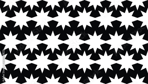 Seamless Black and White Star Mosaic Pattern: Bold Geometric Vector Backdrop with Repeating Eight-Pointed Stars for Modern Branding and Textile Design