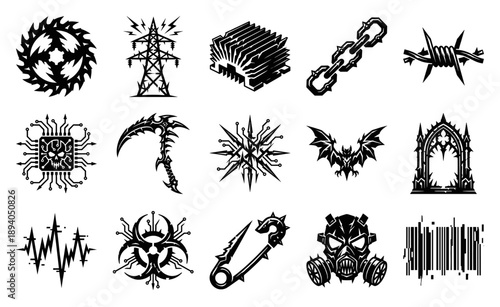 Aggressive Neo-Tribal Cybergoth Graphic Element Kit for Industrial Techno and Brutalist Streetwear Design
