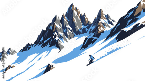 Skier descending snowy slopes of majestic alpine mountains in bold design