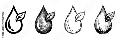Set of four hand-drawn water drop icons with a leaf, illustrated in various sketch styles including outline, cross-hatching, and grunge for eco-friendly concepts
