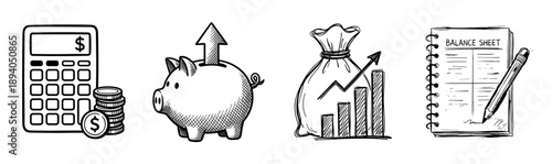 Hand drawn black and white finance icons set showing a calculator, piggy bank, money bag with chart, and balance sheet for business, saving, and investment concepts
