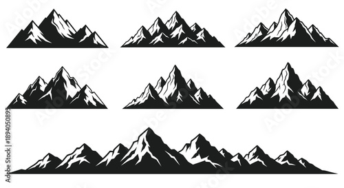 Collection of various jagged black and white mountain range silhouettes for graphic design use