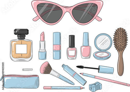 Flat Vector Collection of Fashion and Beauty Essentials Including Sunglasses Perfume Lipstick Makeup Brushes Nail Polish and Cosmetic Bag for Lifestyle Designs