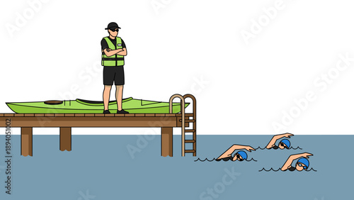 Lifeguard supervising swimmers near pier with kayak