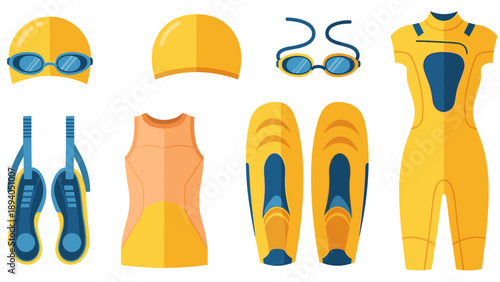 Swimming gear set: caps, goggles, flippers, and wetsuits in flat style