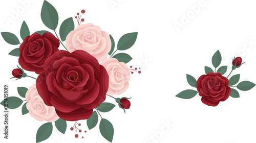 Red roses and pink flowers with green leaves on white background