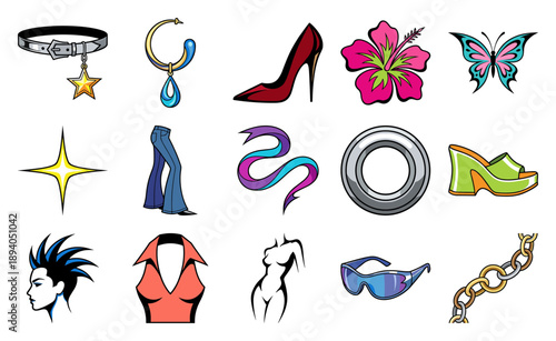 Retro Y2K Aesthetic Fashion Pop Art Graphic Set for Cybercore and Millennium Nostalgia Designs