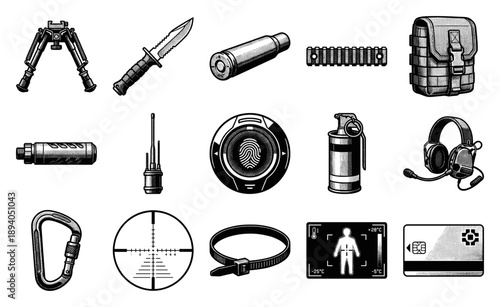 Vintage Engraving Tactical Gear and Espionage Asset Sheet for Military Concept Art and Game Design