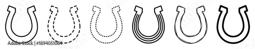 Set of six black horseshoe icons in various line art styles including solid, dashed, dotted, multi-line, sketchy, and bold for good luck and western themes