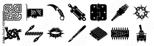 Black Silhouette Cyberpunk Technology and Industrial Hardware Element Kit for Sci-Fi Interface Design