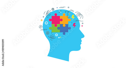 Silhouette of a human head containing four interlocking puzzle pieces representing complex thought processes