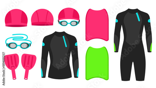 Colorful swimming gear set featuring wetsuits and accessories for professionals