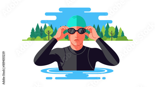 Swimmer wearing goggles in lake with forest background in flat style