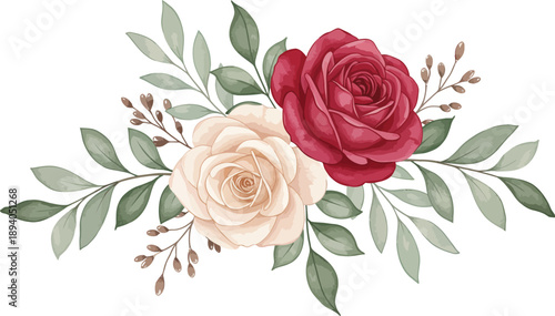 Watercolor illustration of red and beige roses with green leaves and branches