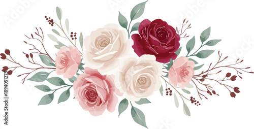 Beautiful bouquet of pink and red roses with leaves on white background
