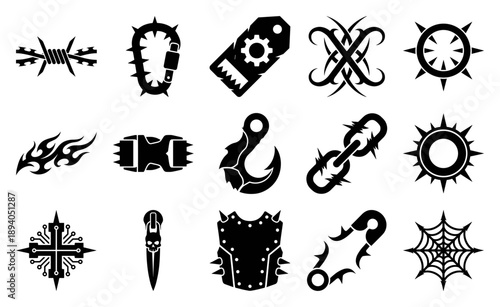 Gothic Cyberpunk Industrial Element Kit for Edgy Streetwear Branding and Dark Aesthetic Graphic Design