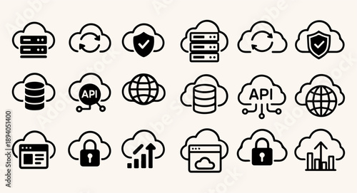 A minimalist line icon set of 20 cloud computing and data security symbols in outline style, featuring various graphics and APIs, on a neutral background.