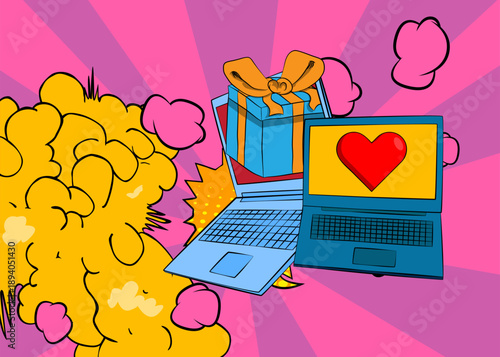 Cartoon Laptop, comic book Notebook with Heart and gift box. Retro vector comics pop art design.