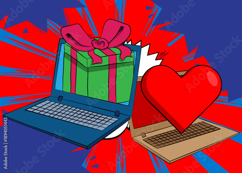 Cartoon Laptop, comic book Notebook with Heart and gift box. Retro vector comics pop art design.