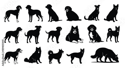 Collection of diverse black dog silhouettes showcasing various breeds and poses for graphic design use