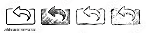 Set of four hand-drawn share icons in various sketch styles, including outline, crosshatch, and grunge, showing a left-pointing arrow emerging from a box symbol