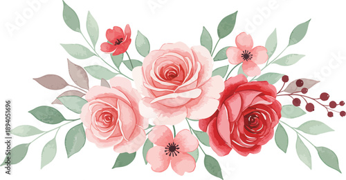 Beautiful bouquet of pink roses and flowers with green leaves on white background