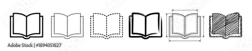 Set of black open book icons in various design styles including simple line art, dotted, dashed, hand-drawn sketch, and a technical drawing with dimension lines