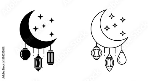 Moon crescent lanterns stars night sky illustration Vector