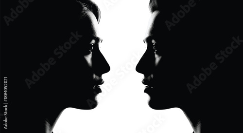 Two mirrored human profiles in dramatic silhouette facing each other against bright white background