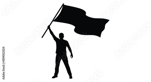 A dramatic depiction of a person victoriously raising a black flag against a stark white background a compelling silhouette