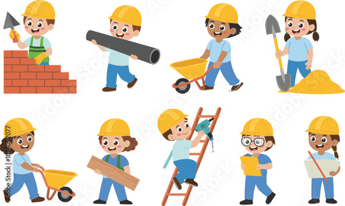 Cartoon kids construction workers, safety gear, building tools, teamwork, playful labor, educational activity, blueprint, shovel, ladder, wheelbarrow