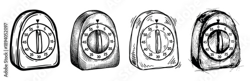 Set of four mechanical kitchen timers illustrated in a black and white hand-drawn style, showing different stages of sketching from simple outline to detailed hatching