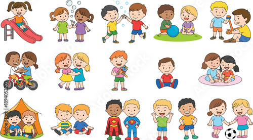 Cartoon kids playing, joyful activities, childhood friendship, outdoor fun, social interaction, diverse children, educational scene, happy moments, colorful illustration