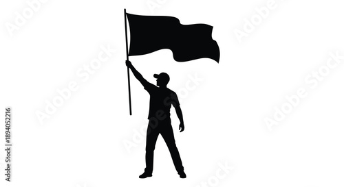 A person proudly waves a black flag with an outstretched arm against a stark white background creating a striking silhouette