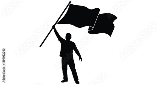 A dramatic depiction of a person triumphantly raising two black flags against a plain white background silhouette high quality professional
