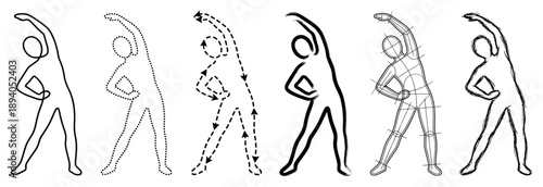Set of six stylized human figures performing a side bend stretch, illustrated with various drawing techniques like line art, dotted outline, brush stroke, and technical sketch