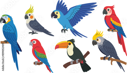 Cartoon tropical birds, colorful plumage, exotic species, perched and flying, jungle wildlife, toucan, parrot, cockatoo, nature icons, vibrant design