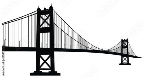A striking black silhouette of the golden gate bridge stands against a clean white background showcasing iconic architecture silhouette
