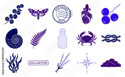 Vintage Linocut Nature Ephemera Element Kit for Botanical Scrapbooking and Nautical Branding