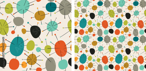 Atomic Era Seamless Pattern, Mid Century Modern Sputnik Starburst Abstract Geometric Dots in Retro Color Palette