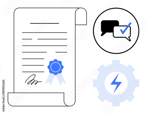 Rolled certificate with signature and seal, speech bubbles with checkmark, and gear with lightning bolt. Ideal for certification, approval, legal contracts, communication, efficiency, workflow