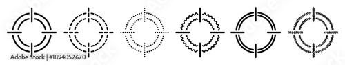 Set of black crosshair target icons with various line styles including solid, dashed, dotted, wavy, and sketched, representing concepts of focus, precision, and aiming