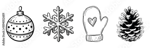 Set of hand-drawn winter holiday icons including a Christmas bauble, snowflake, mitten, and pinecone in a black and white sketch style for festive seasonal decoration