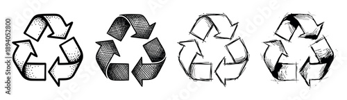 Set of four hand-drawn recycling symbols in various sketch and doodle styles, showcasing different artistic interpretations of the iconic eco-friendly waste reduction sign