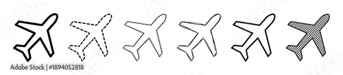 Set of six black airplane icons in various outline styles including solid, dashed, dotted, sketchy, and hatched for travel and transportation concepts