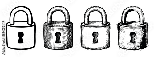 Four hand-drawn padlock illustrations showing a progression from a simple icon to a detailed sketch, representing different artistic styles and levels of complexity