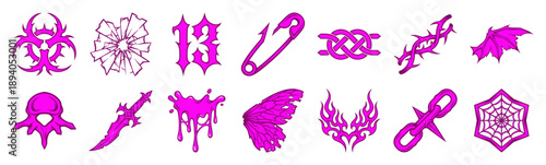 Cyber Y2K Grunge Aesthetic Graphic Element Kit for Edgy Streetwear and Digital Scrapbooking