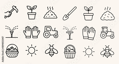 A minimalist line icon set featuring various gardening and farming illustrations in outline style, including tools, plants, and agricultural vehicles, against a clean background.
