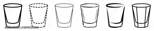 Set of six black shot glass illustrations showing different artistic styles including line art, dashed, dotted, sketch, brush stroke, and geometric designs for bar menus